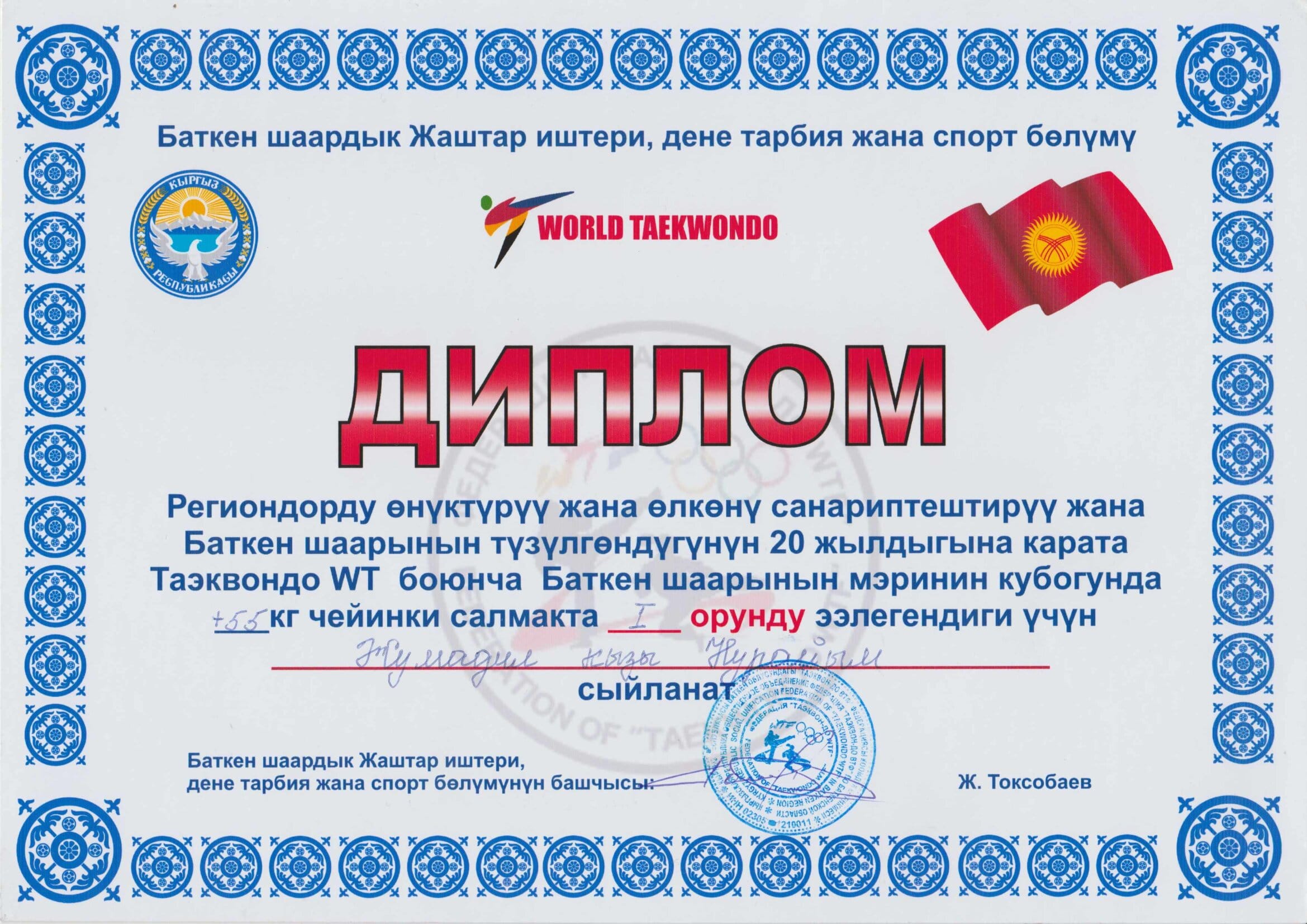 диплом 1 место тэквондо